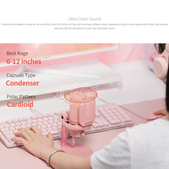 FEELWORLD VM1 USB Condenser Gaming Microphone for Streaming Noise Cancellation Mute RGB Light Desktop Stand (Pink)