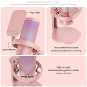 FEELWORLD VM1 USB Condenser Gaming Microphone for Streaming Noise Cancellation Mute RGB Light Desktop Stand (Pink)