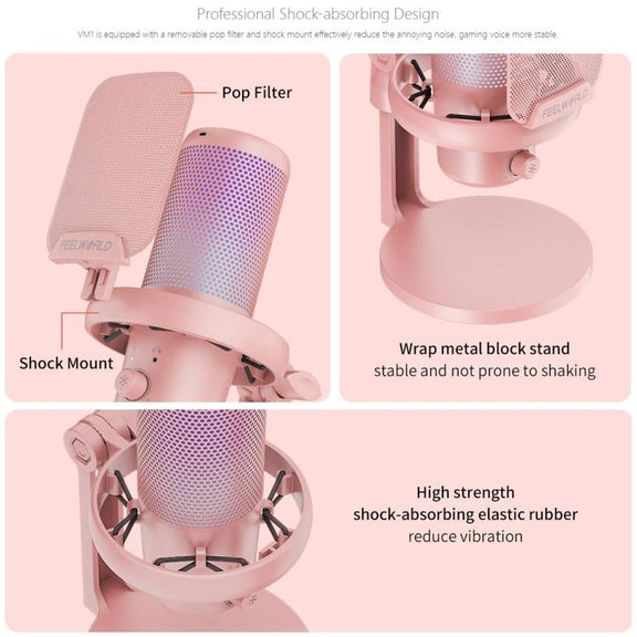 FEELWORLD VM1 USB Condenser Gaming Microphone for Streaming Noise Cancellation Mute RGB Light Desktop Stand (Pink)