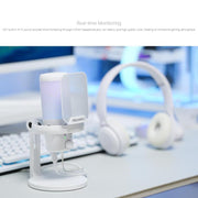 FEELWORLD VM1 USB Condenser Gaming Microphone for Streaming Noise Cancellation Mute RGB Light Desktop Stand (White)