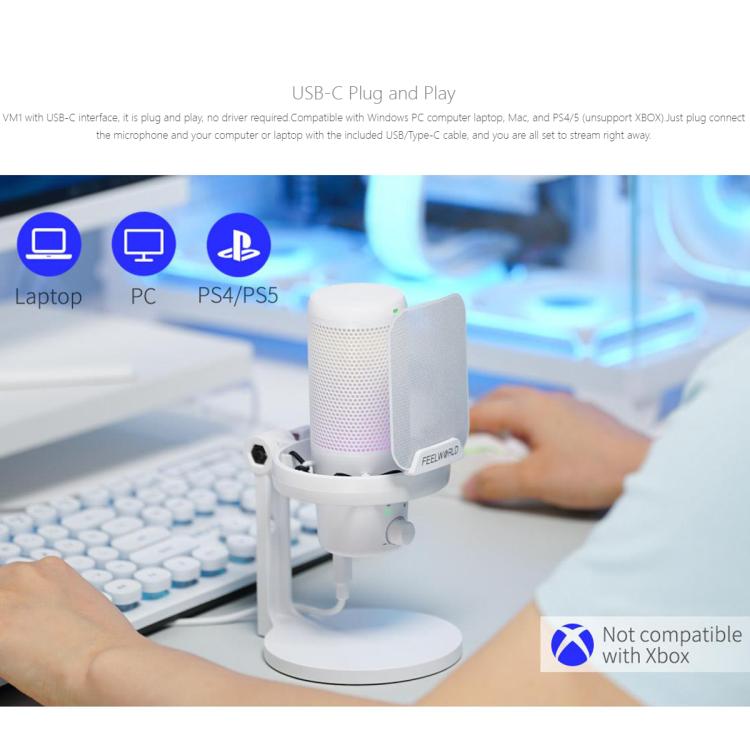 FEELWORLD VM1 USB Condenser Gaming Microphone for Streaming Noise Cancellation Mute RGB Light Desktop Stand (White)