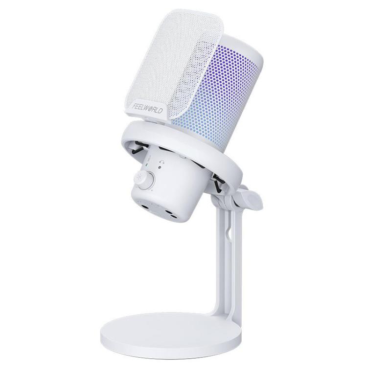 FEELWORLD VM1 USB Condenser Gaming Microphone for Streaming Noise Cancellation Mute RGB Light Desktop Stand (White)