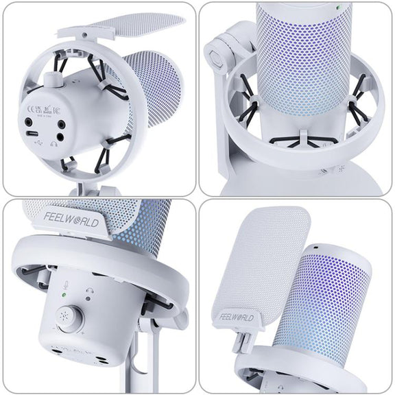 FEELWORLD VM1 USB Condenser Gaming Microphone for Streaming Noise Cancellation Mute RGB Light Desktop Stand (White)