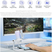 FEELWORLD VM1 USB Condenser Gaming Microphone for Streaming Noise Cancellation Mute RGB Light Desktop Stand (White)