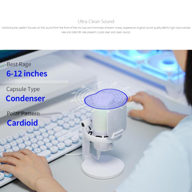 FEELWORLD VM1 USB Condenser Gaming Microphone for Streaming Noise Cancellation Mute RGB Light Desktop Stand (White)