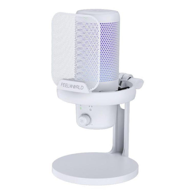 FEELWORLD VM1 USB Condenser Gaming Microphone for Streaming Noise Cancellation Mute RGB Light Desktop Stand (White)