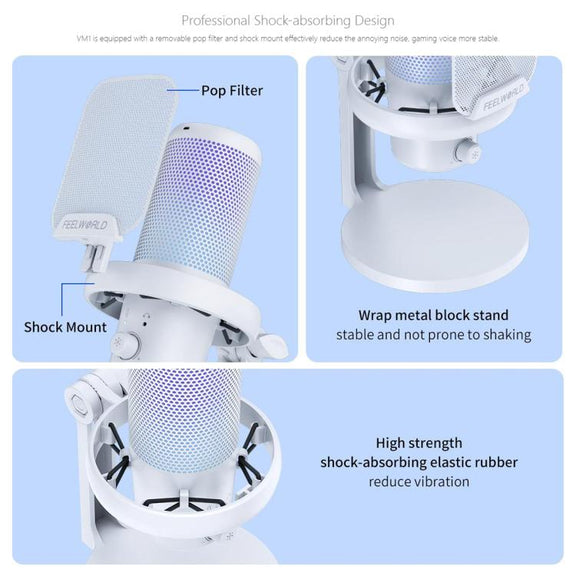 FEELWORLD VM1 USB Condenser Gaming Microphone for Streaming Noise Cancellation Mute RGB Light Desktop Stand (White)
