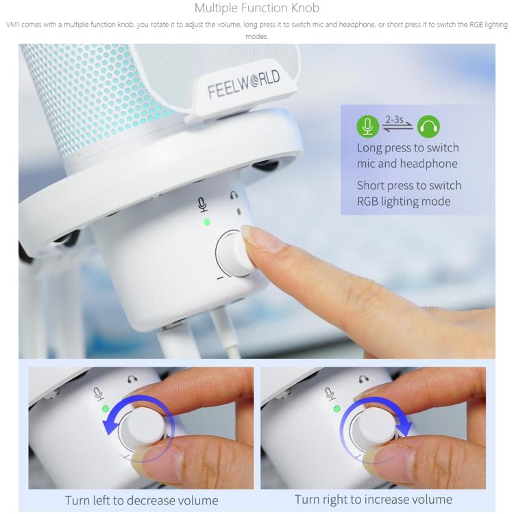 FEELWORLD VM1 USB Condenser Gaming Microphone for Streaming Noise Cancellation Mute RGB Light Desktop Stand (White)