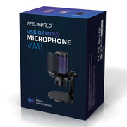 FEELWORLD VM1 USB Condenser Gaming Microphone for Streaming Noise Cancellation Mute RGB Light Desktop Stand (White)