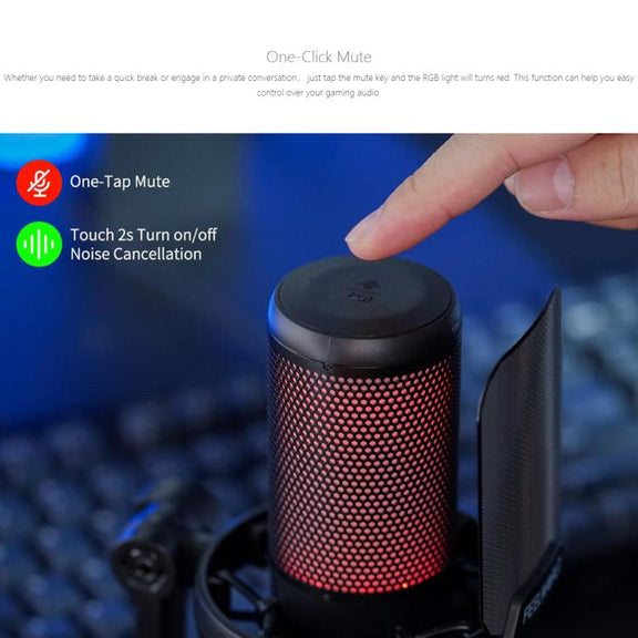FEELWORLD VM1 USB Condenser Gaming Microphone for Streaming Noise Cancellation Mute RGB Light Boom Arm Stand (Black)