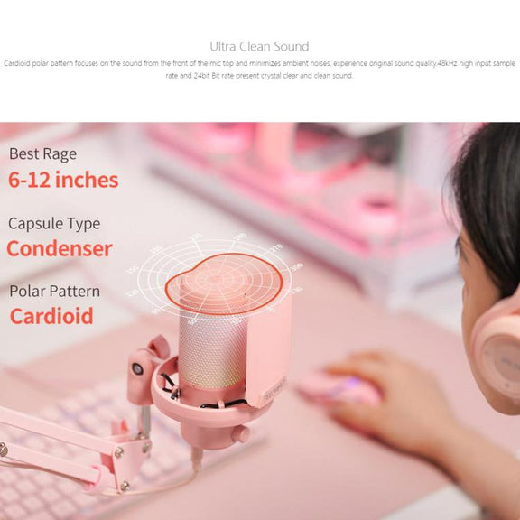FEELWORLD VM1 USB Condenser Gaming Microphone for Streaming Noise Cancellation Mute RGB Light Boom Arm Stand (Pink)