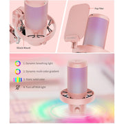 FEELWORLD VM1 USB Condenser Gaming Microphone for Streaming Noise Cancellation Mute RGB Light Boom Arm Stand (Pink)