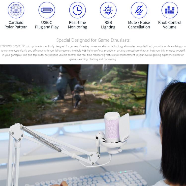 FEELWORLD VM1 USB Condenser Gaming Microphone for Streaming Noise Cancellation Mute RGB Light Boom Arm Stand (White)