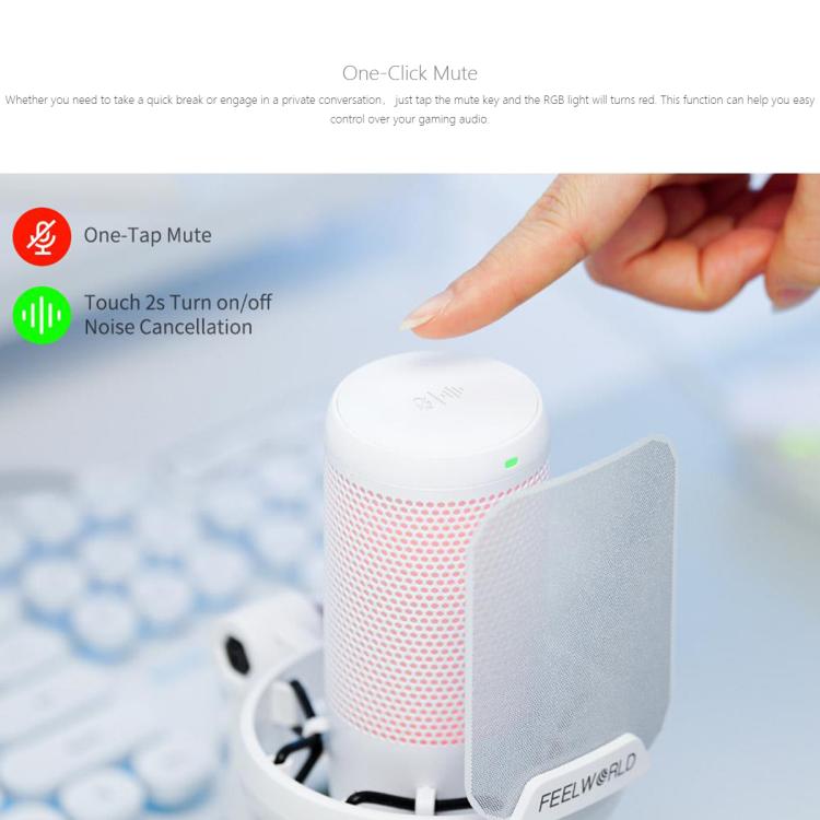FEELWORLD VM1 USB Condenser Gaming Microphone for Streaming Noise Cancellation Mute RGB Light Boom Arm Stand (White)