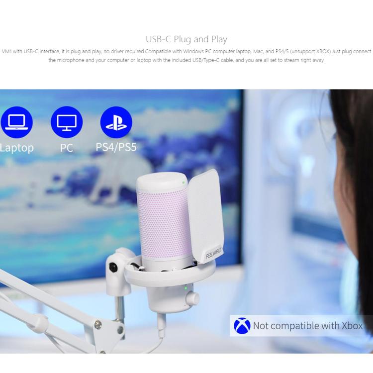 FEELWORLD VM1 USB Condenser Gaming Microphone for Streaming Noise Cancellation Mute RGB Light Boom Arm Stand (White)