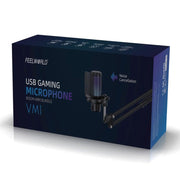 FEELWORLD VM1 USB Condenser Gaming Microphone for Streaming Noise Cancellation Mute RGB Light Boom Arm Stand (Pink)