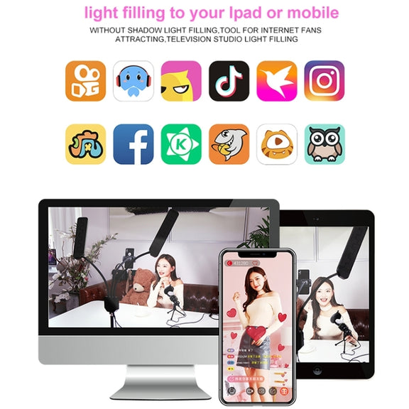 RK39 Portable Tri-color Adjustable Brightness Double Arms Fill Light with Phone Clip(Black)