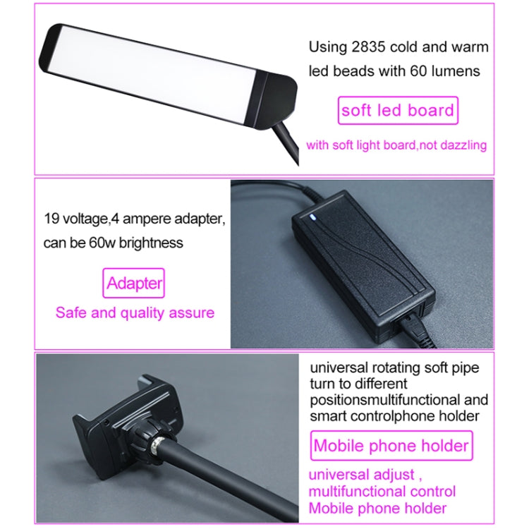 RK39 Portable Tri-color Adjustable Brightness Double Arms Fill Light with Phone Clip(Black)