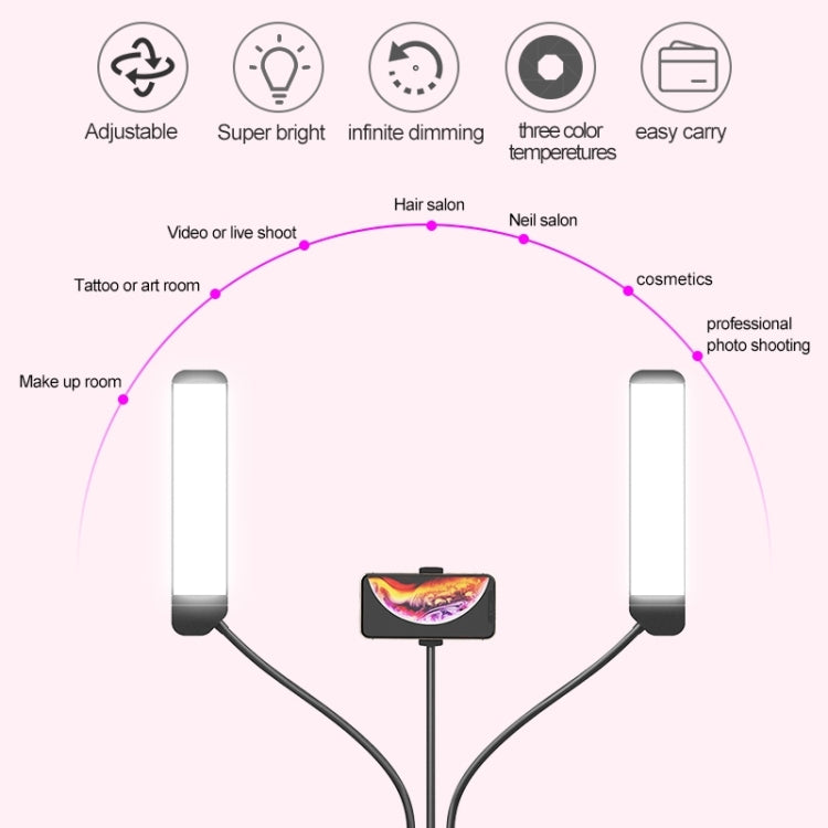 RK39 Portable Tri-color Adjustable Brightness Double Arms Fill Light with Phone Clip(Black)