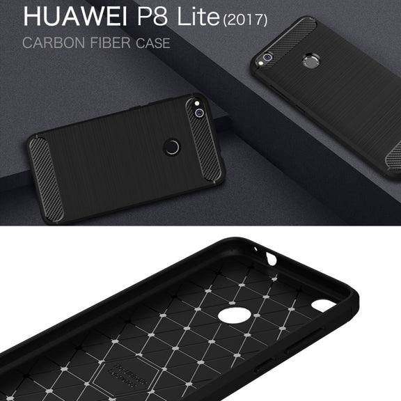 For Huawei  P8 Lite (2017) Brushed Carbon Fiber Texture Shockproof TPU Protective Case(Dark Blue)