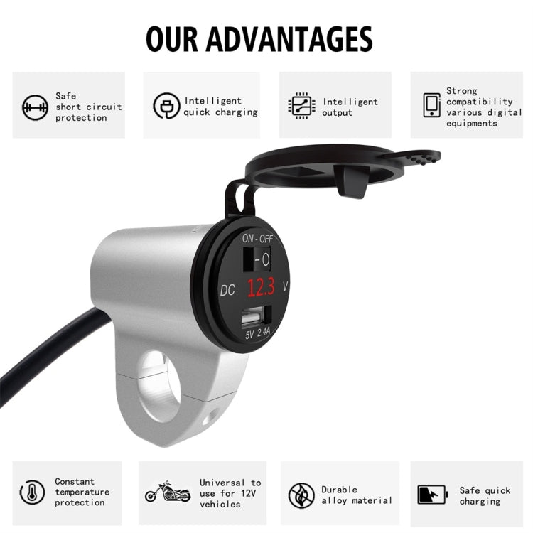 ZH-975A1 Motorcycle Aluminum Alloy Water-resistant Mobile Phone Single USB Charger with Red Voltmeter(Silver)