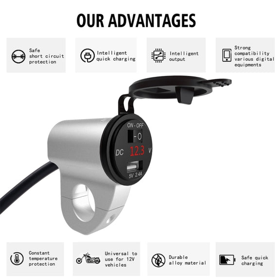 ZH-975A1 Motorcycle Aluminum Alloy Water-resistant Mobile Phone Single USB Charger with Red Voltmeter(Silver)