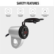 ZH-975A1 Motorcycle Aluminum Alloy Water-resistant Mobile Phone Single USB Charger with Red Voltmeter(Silver)