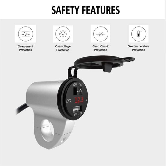 ZH-975A1 Motorcycle Aluminum Alloy Water-resistant Mobile Phone Single USB Charger with Red Voltmeter(Silver)