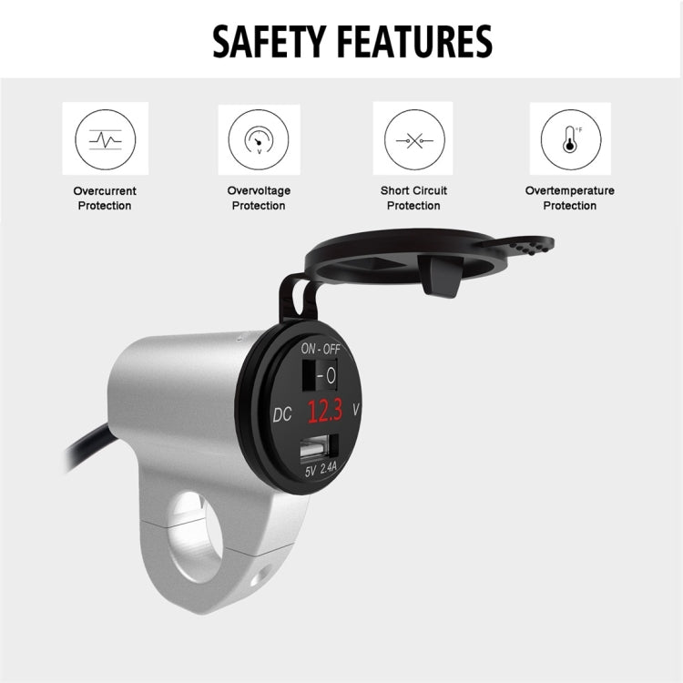 ZH-975A1 Motorcycle Aluminum Alloy Water-resistant Mobile Phone Single USB Charger with Red Voltmeter(Silver)