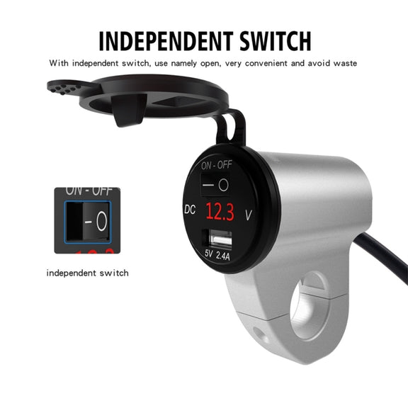 ZH-975A1 Motorcycle Aluminum Alloy Water-resistant Mobile Phone Single USB Charger with Red Voltmeter(Silver)