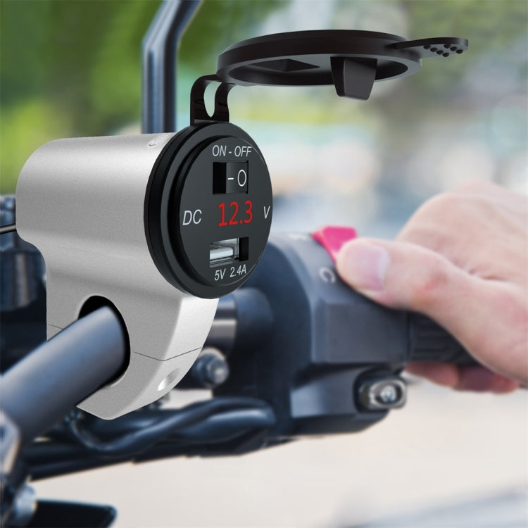 ZH-975A1 Motorcycle Aluminum Alloy Water-resistant Mobile Phone Single USB Charger with Red Voltmeter(Silver)