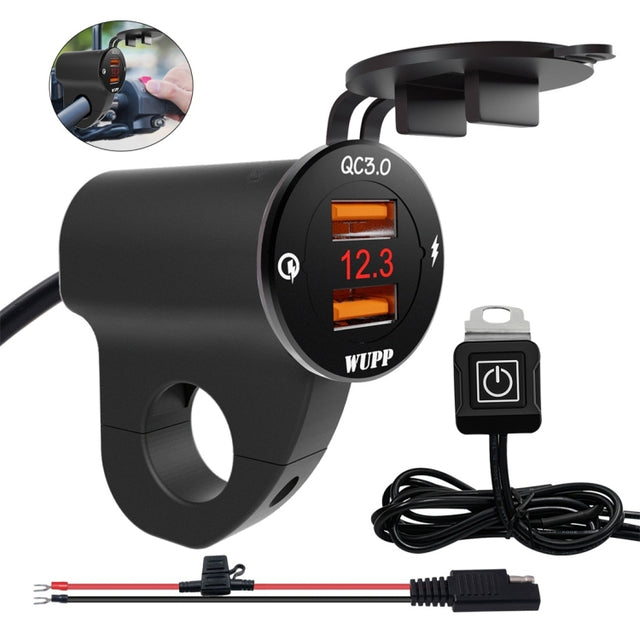 WUPP ZH-975B3 Motorcycle Aluminum Alloy Water-resistant Mobile Phone Double QC3.0 Quick Charging Charger with Voltmeter(Black)