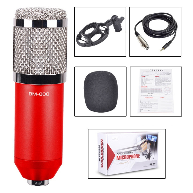 BM-800 3.5mm Studio Recording Wired Condenser Sound Microphone with Shock Mount, Compatible with PC / Mac for Live Broadcast Show, KTV, etc.(Red)