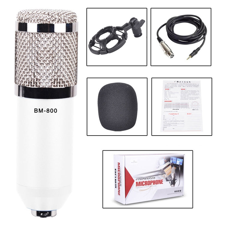 BM-800 3.5mm Studio Recording Wired Condenser Sound Microphone with Shock Mount, Compatible with PC / Mac for Live Broadcast Show, KTV, etc.(White)