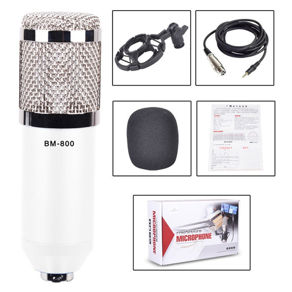 BM-800 3.5mm Studio Recording Wired Condenser Sound Microphone with Shock Mount, Compatible with PC / Mac for Live Broadcast Show, KTV, etc.(White)
