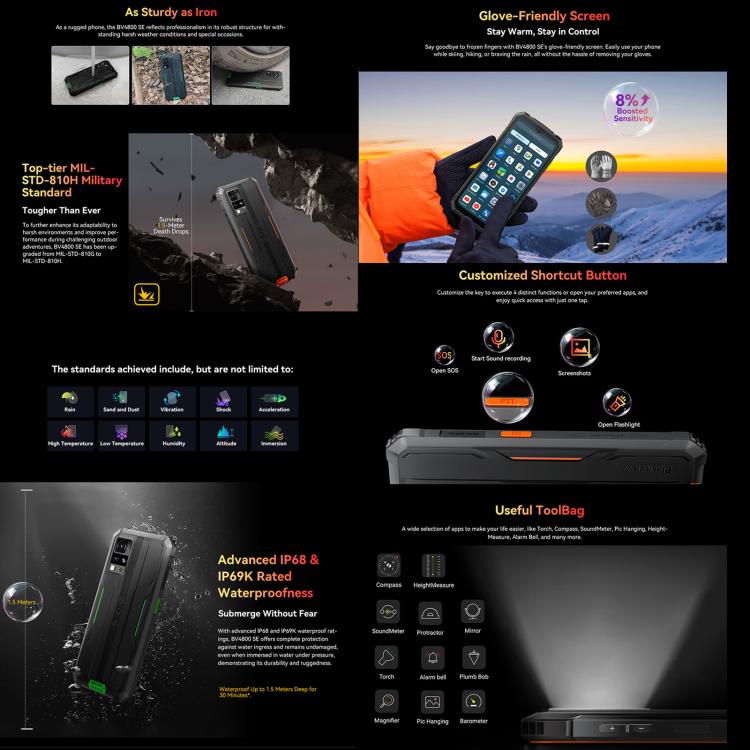 Blackview BV4800 SE Rugged Phone, 4GB+64GB, 6.56 inch Android 15 UMS9320E T615 Octa Core, Network: 4G, OTG, NFC (Black)
