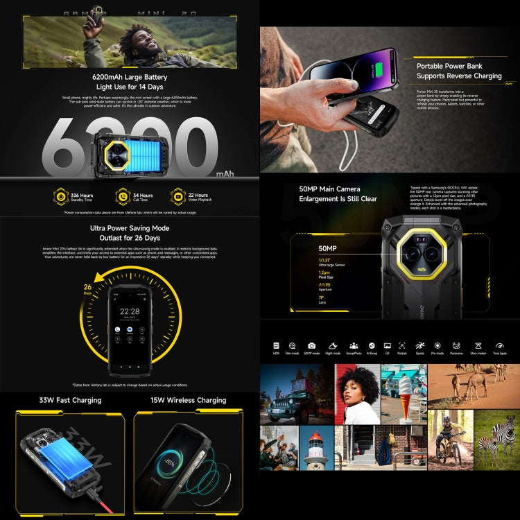 Ulefone Armor Mini 20, Night Vision, 8GB+256GB, IP68/IP69K Rugged Phone, 4.7 inch Android 14 MediaTek Dimensity 6300 Octa Core, Network: 4G, NFC, OTG (Black)