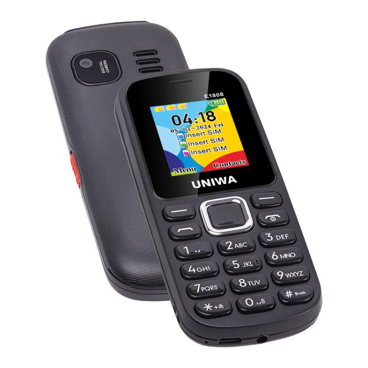 UNIWA E1808 Elder Keypad Phone, 1.77 inch SC6531E, LED Flashlight, 21 Keys, Network: 2G, Triple SIM, EU Plug (Black)