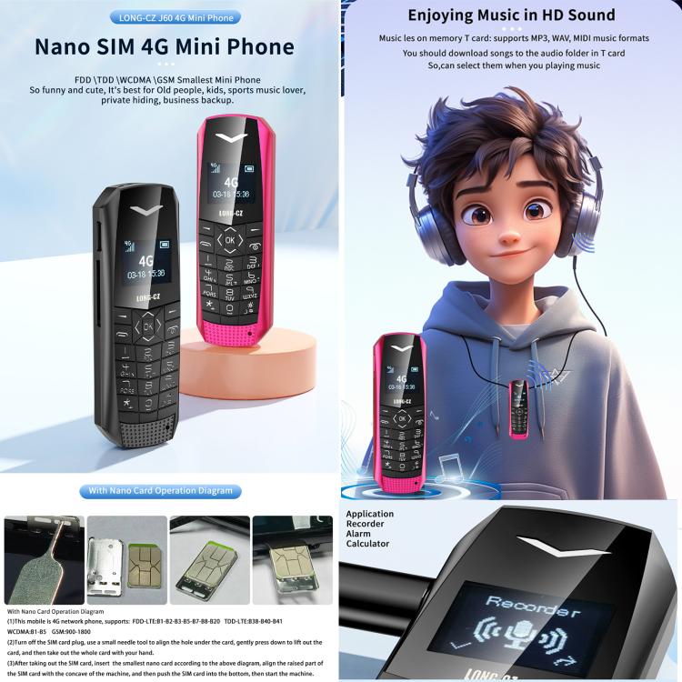 LONG-CZ S60 4G Mini Phone, 1.77 inch Unisoc T107, LED Flashlight, 21 Keys, Network: 4G, Single SIM (Rose Red)