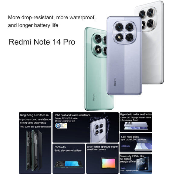 Xiaomi Redmi Note 14 Pro, 8GB+256GB, 6.67 inch Xiaomi HyperOS Mediatek Dimensity 7300-Ultra Octa Core, NFC, Network: 5G (White)