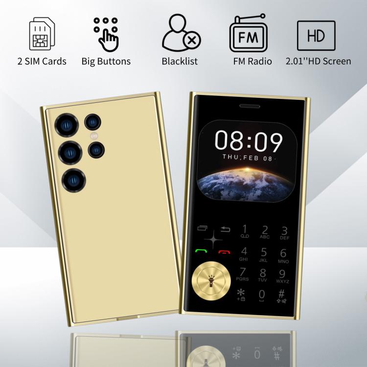 V8 Card Mobile Phone, 2.01 inch, MTK6261D, Support Bluetooth, FM, Torch, GSM, Dual SIM (Gold)