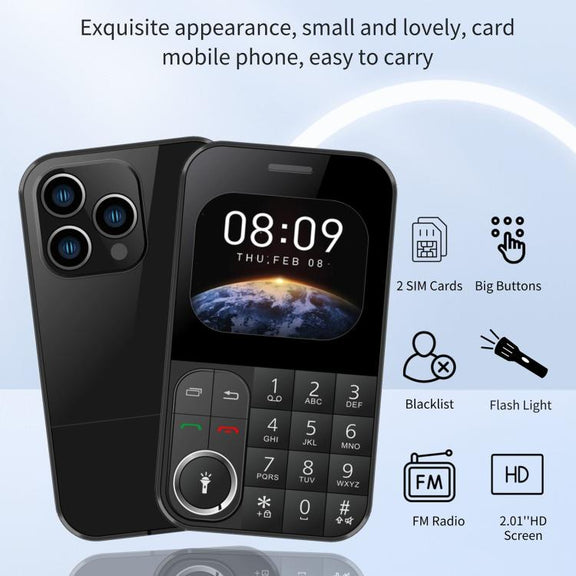 V9 Card Mobile Phone, 2.01 inch, MTK6261D, Support Bluetooth, FM, Torch, GSM, Dual SIM (Black)