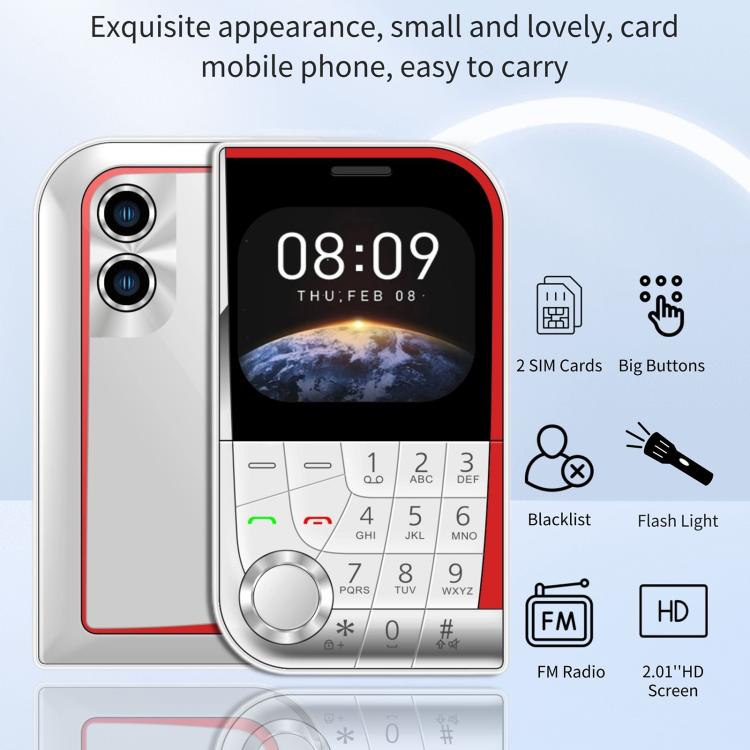 V10 Card Mobile Phone, 2.01 inch, MTK6261D, Support Bluetooth, FM, Torch, GSM, Dual SIM (White)