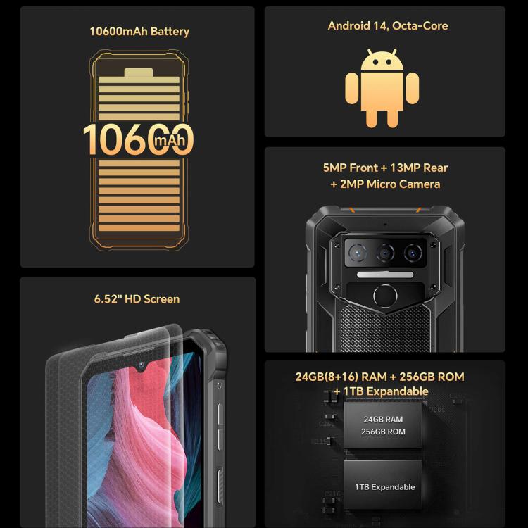 Oukitel WP23 Plus Rugged Phone, 8GB+256GB, 6.52 inch Android 14.0Unisoc T606 Octa-core, NFC, OTG, Network: 4G (Black)