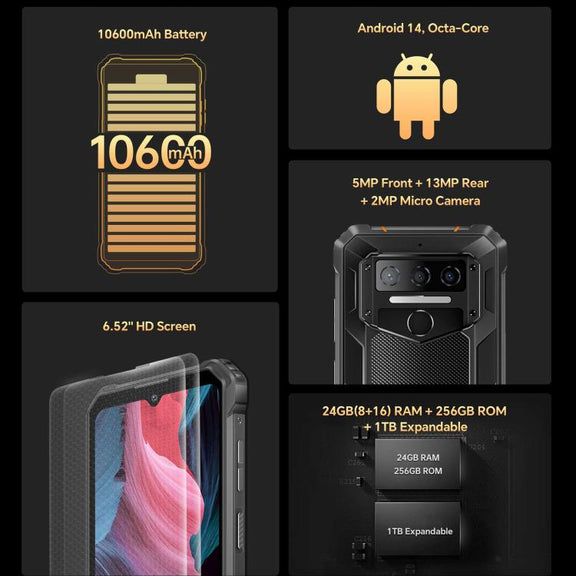 Oukitel WP23 Plus Rugged Phone, 8GB+256GB, 6.52 inch Android 14.0Unisoc T606 Octa-core, NFC, OTG, Network: 4G (Black)