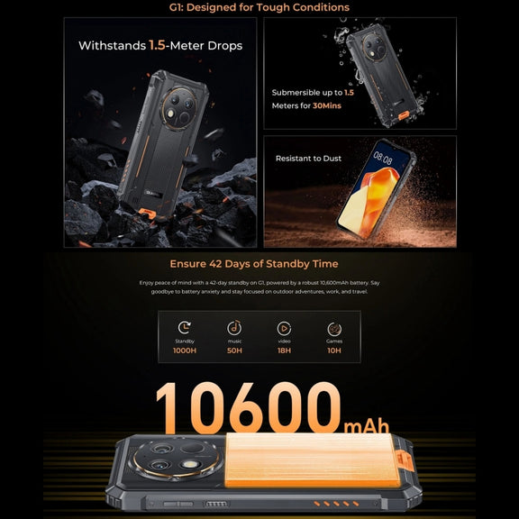 Oukitel G1 Rugged Phone, 6GB+256GB, Fingerprint Identification, 6.52 inch Android 14 T606 Octa Core, NFC, OTG, Network: 4G (Orange)