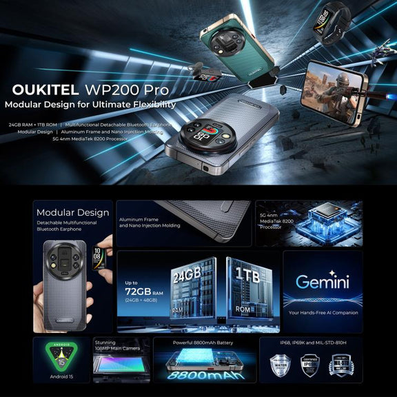 Oukitel WP200 Pro 5G Rugged Phone, 24GB+1TB, Screen Fingerprint, 6.7 inch Android 15.0 MTK Dimensity 8200 Octa-Core, NFC, OTG, Network: 5G (Grey)