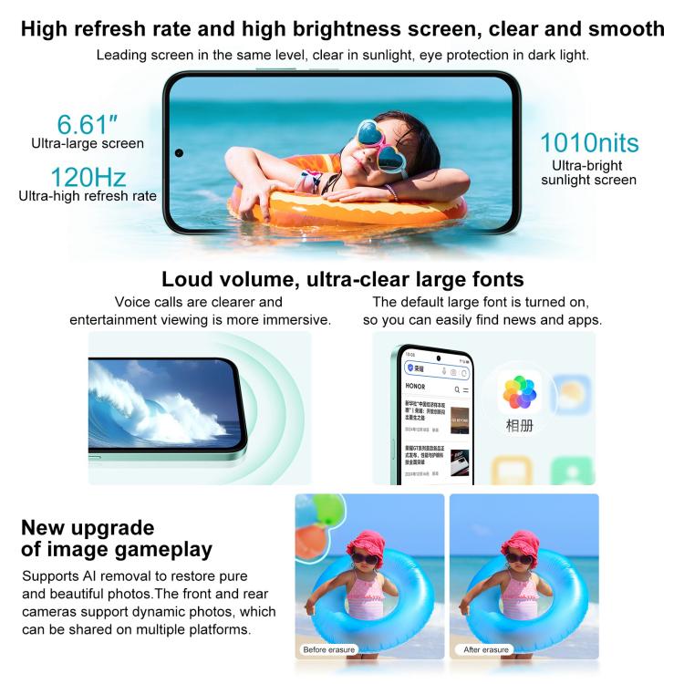 Honor Play 60, 6GB+128GB, Side Fingerprint, 6.61 inch MagicOS 9.0 Dimensity 6300 Octa Core, Network: 5G, OTG (White)