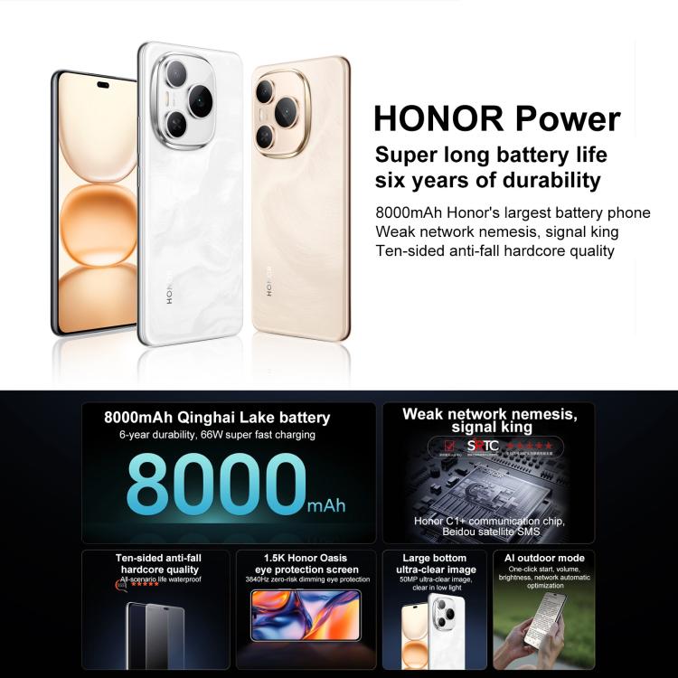 Honor Power, 8GB+256GB, Screen Fingerprint, 6.78 inch MagicOS 9.0 Snapdragon 7 Gen 3 Octa Core, Network: 5G, NFC, OTG (White)