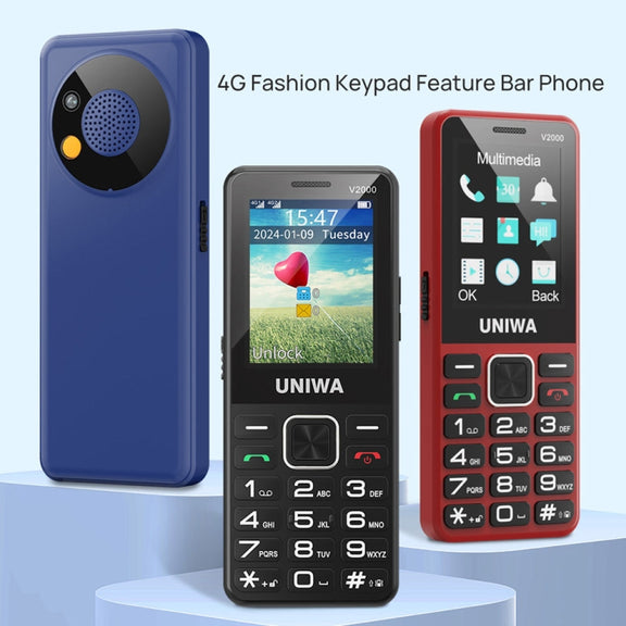 UNIWA V2000 Elder Keypad Phone, 2.4 inch Unisoc T107, 1700mAh Battery, LED Flashlight, SOS, Network: 4G, EU Plug (Blue)